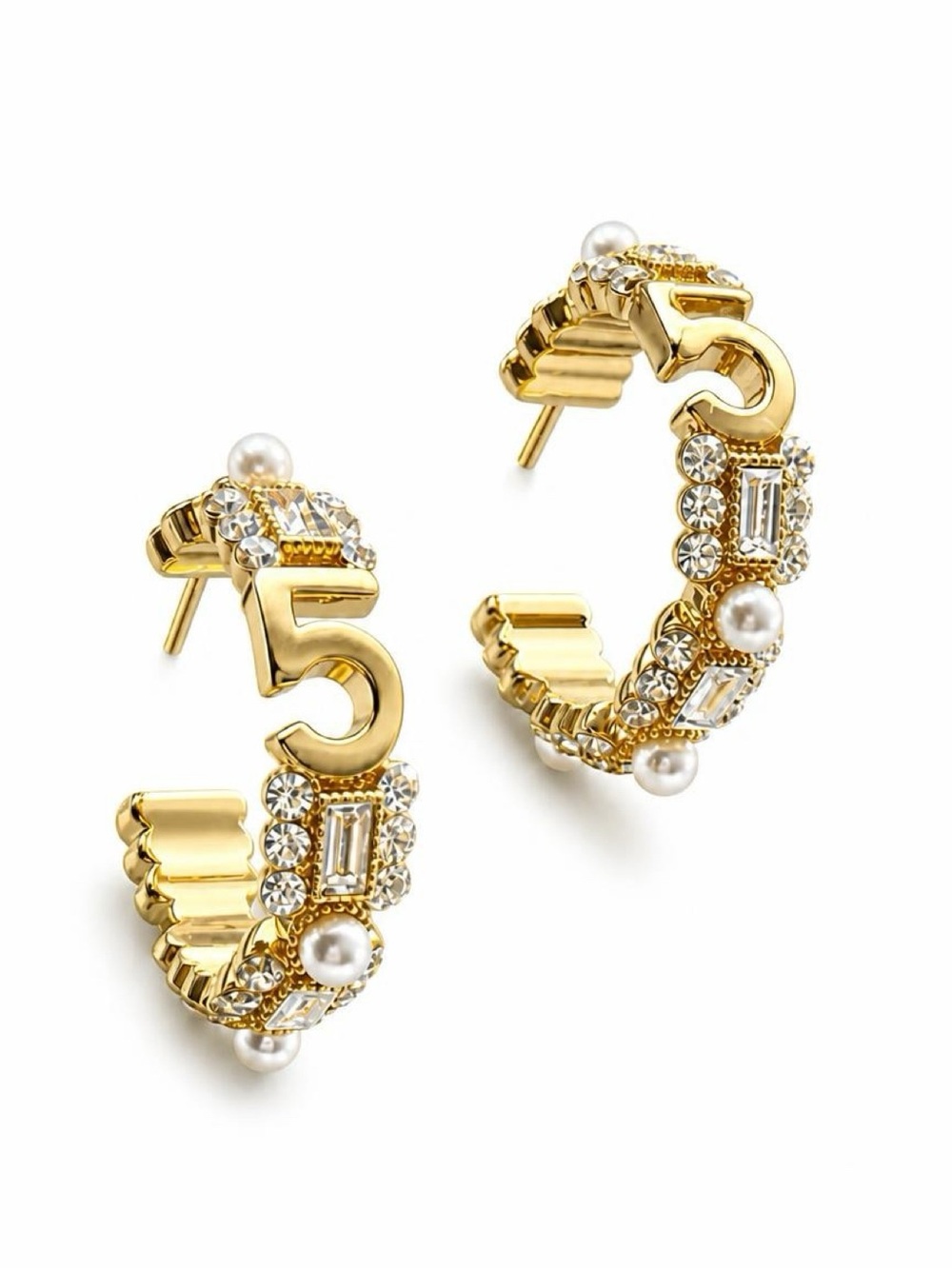 Gold-Tone '5' Hoop Earrings with Pearls & Rhinestone Crystals
